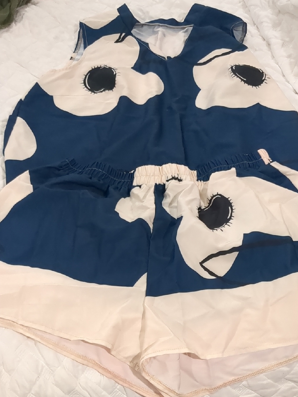 SHEIN Blue and Cream Mixed-Print Top And Shorts - Plus Size